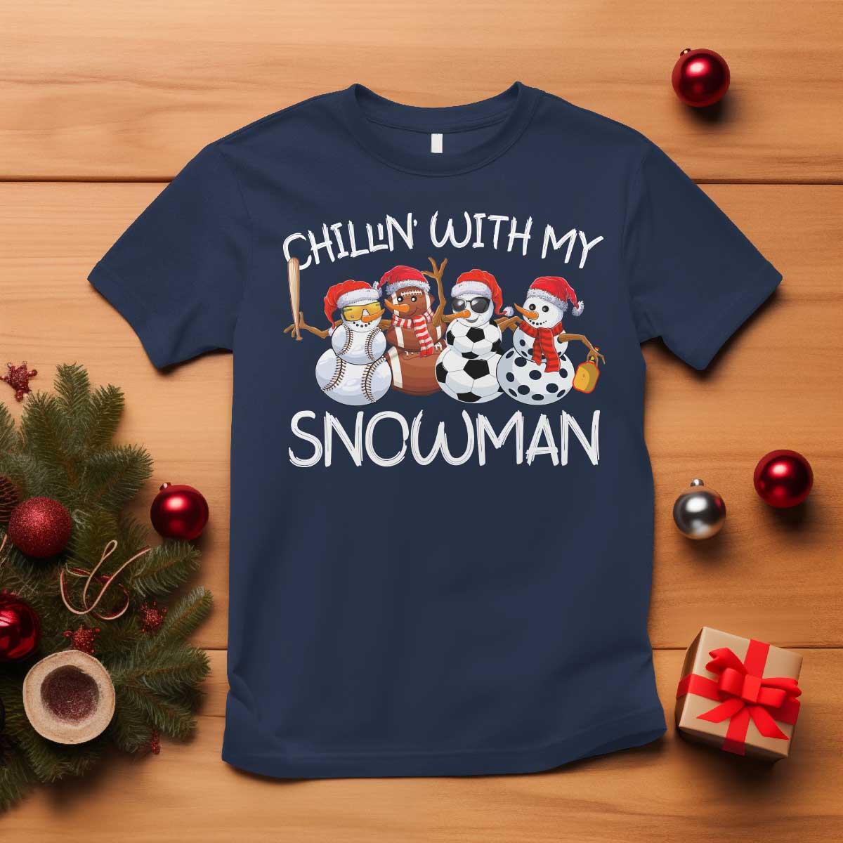Snowman Christmas T Shirt Football Soccer Baseball Pickleball Chillin With My Snowmies Ugly Gift TS10 Navy Print Your Wear