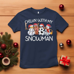 Snowman Christmas T Shirt Football Soccer Baseball Pickleball Chillin With My Snowmies Ugly Gift TS10 Navy Print Your Wear
