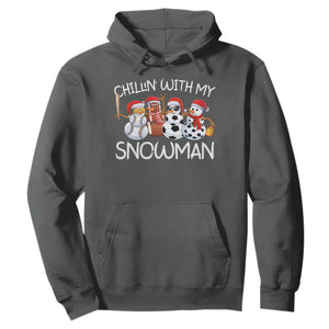Snowman Christmas Hoodie Football Soccer Baseball Pickleball Chillin With My Snowmies Ugly Gift TS10 Dark Heather Print Your Wear