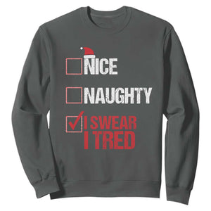 Christmas Santa Sweatshirt Nice Naughty I Swear I Tried Xmas List TS10 Dark Heather Print Your Wear