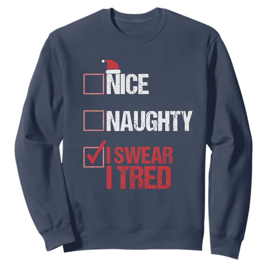 Christmas Santa Sweatshirt Nice Naughty I Swear I Tried Xmas List TS10 Navy Print Your Wear