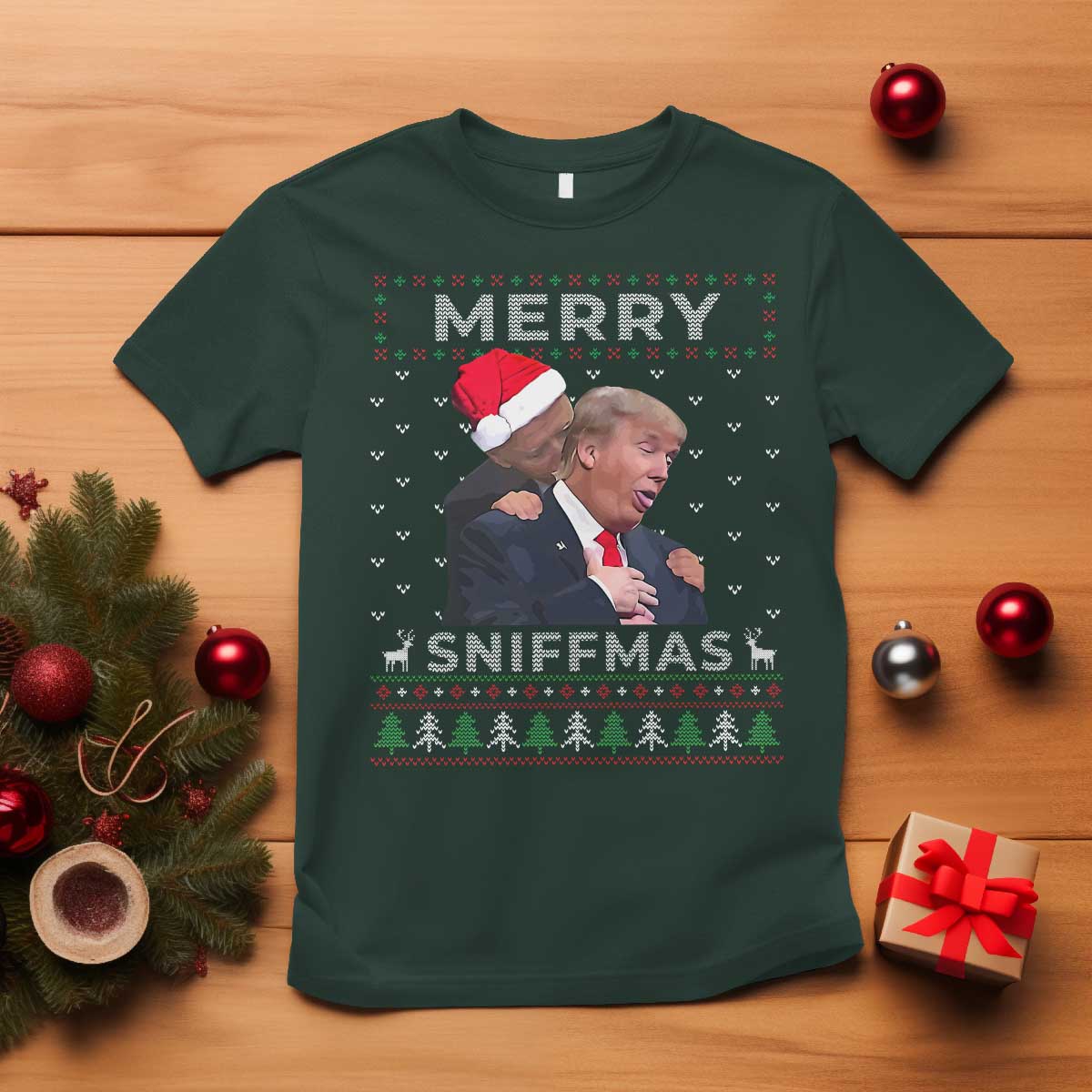 Funny Christmas Trump T Shirt Merry Sniffmas Biden Sniffing Trump Ugly Sweater Xmas Dirty TS10 Dark Forest Green Print Your Wear