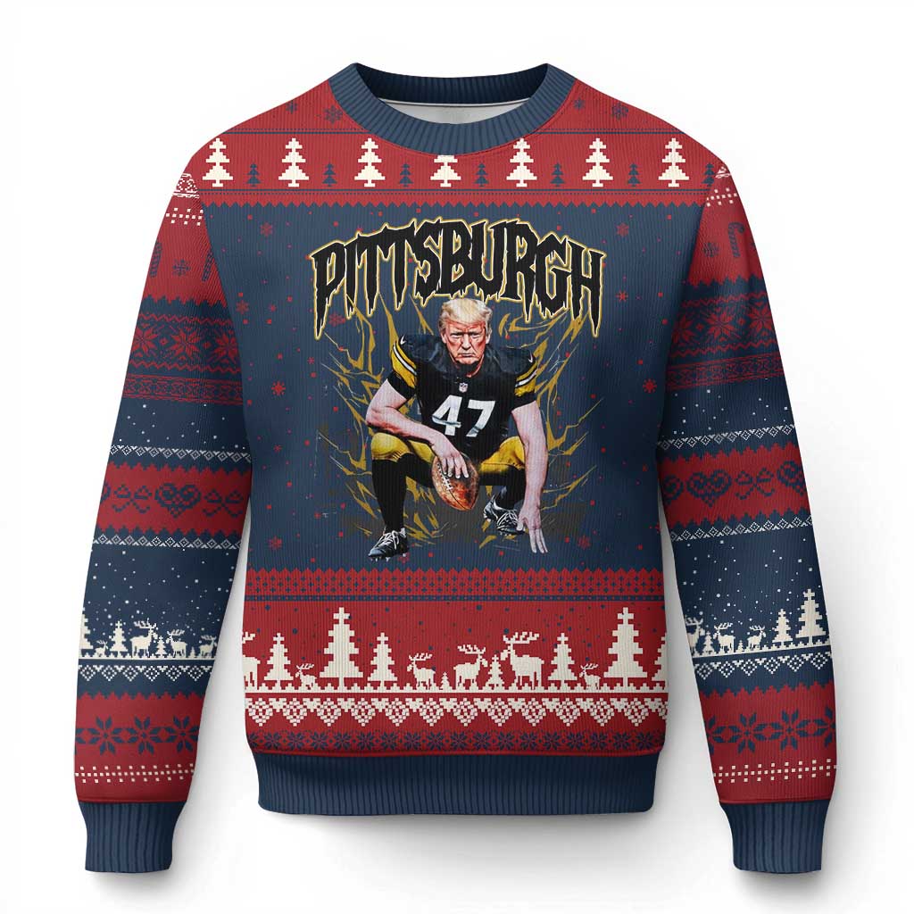 Vintage Pittsburgh Ugly Christmas Sweater Retro Sports Fan Trump 47 Streetwear Bootleg TS10 Navy Red Print Your Wear