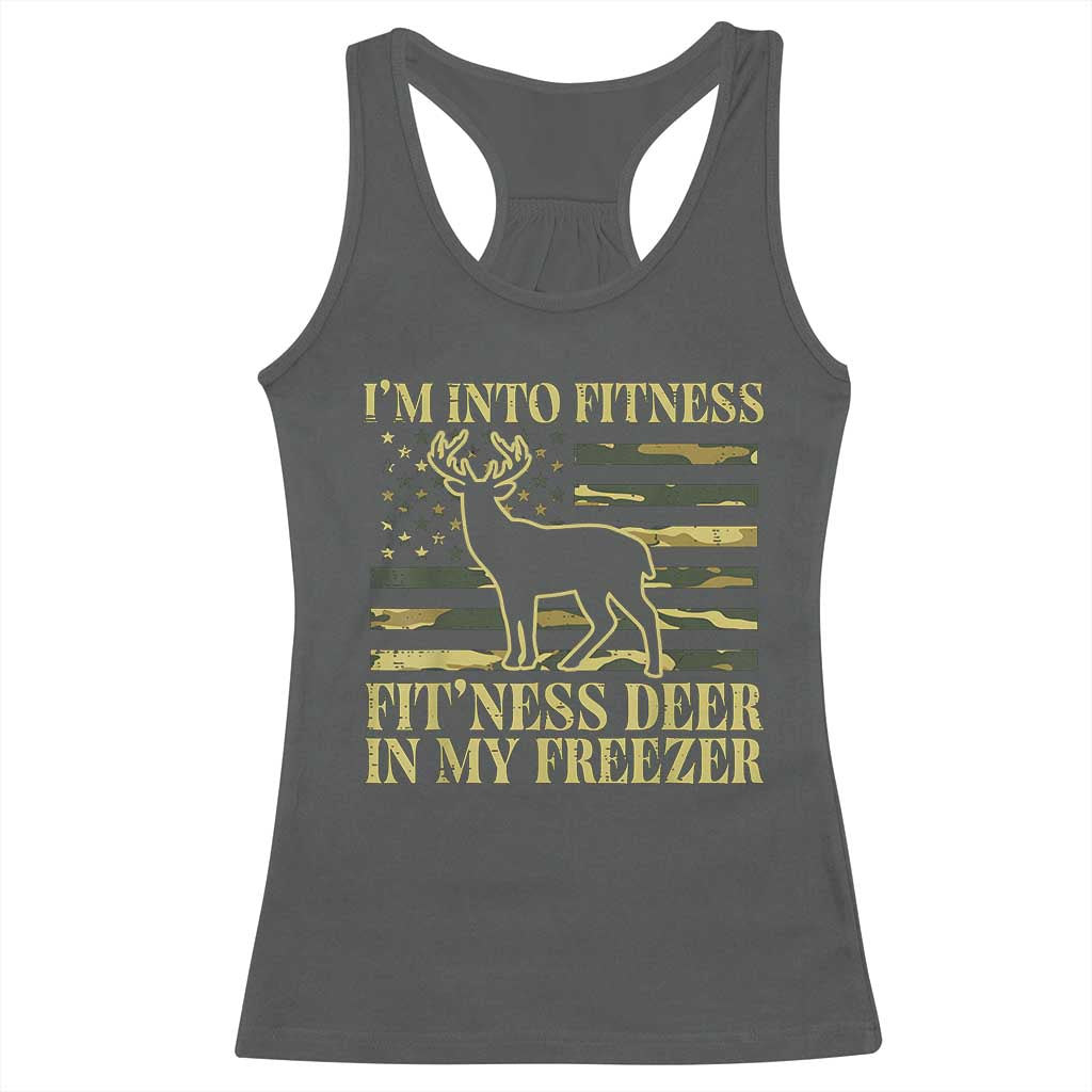 Hunting Racerback Tank Top I'm Into Fitness Fit'ness Deer In My Freezer Camo Flag TS10 Dark Heather Print Your Wear