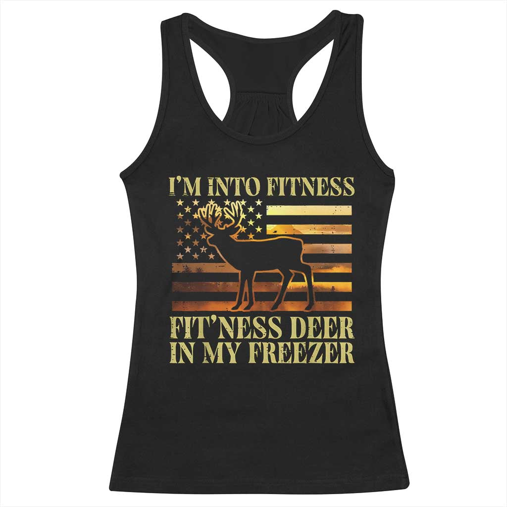 Hunting Racerback Tank Top I'm Into Fitness Fit'ness Deer In My Freezer American Flag TS10 Black Print Your Wear