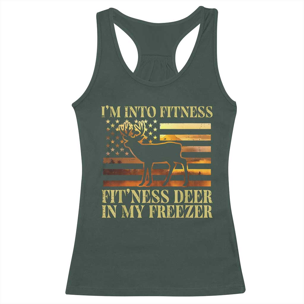 Hunting Racerback Tank Top I'm Into Fitness Fit'ness Deer In My Freezer American Flag TS10 Dark Forest Green Print Your Wear