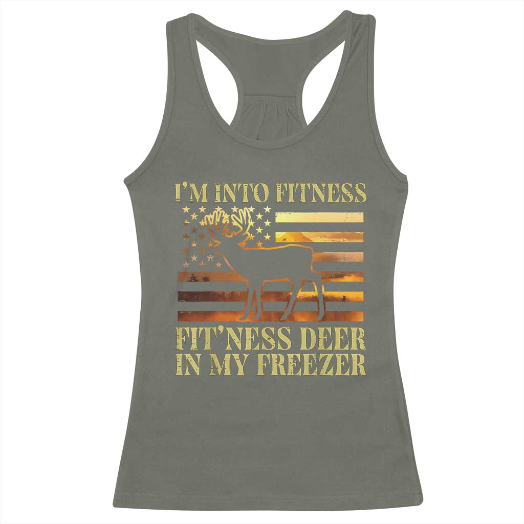 Hunting Racerback Tank Top I'm Into Fitness Fit'ness Deer In My Freezer American Flag TS10 Military Green Print Your Wear