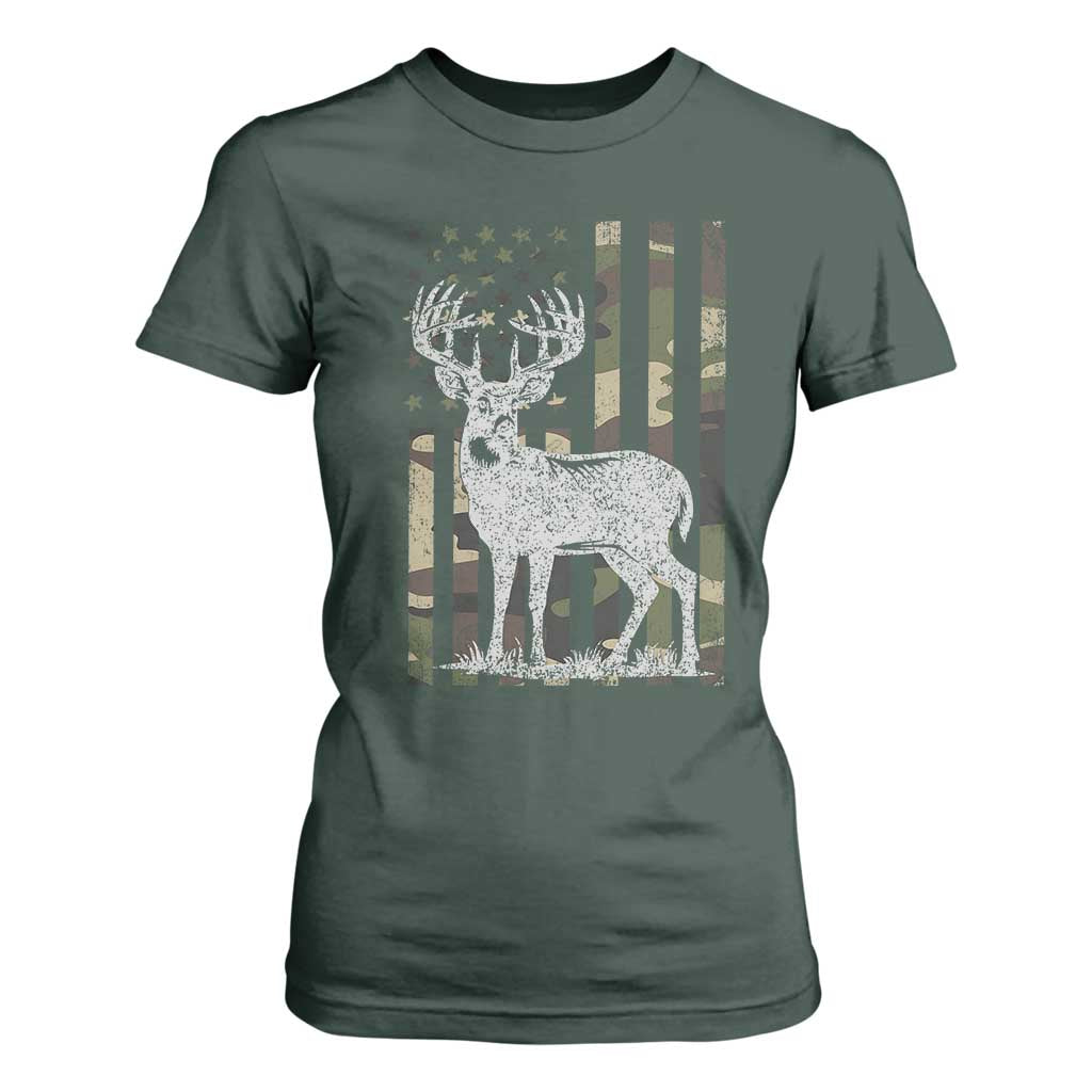 Deer Hunting American Camouflage Flag T Shirt For Women TS10 Dark Forest Green Print Your Wear