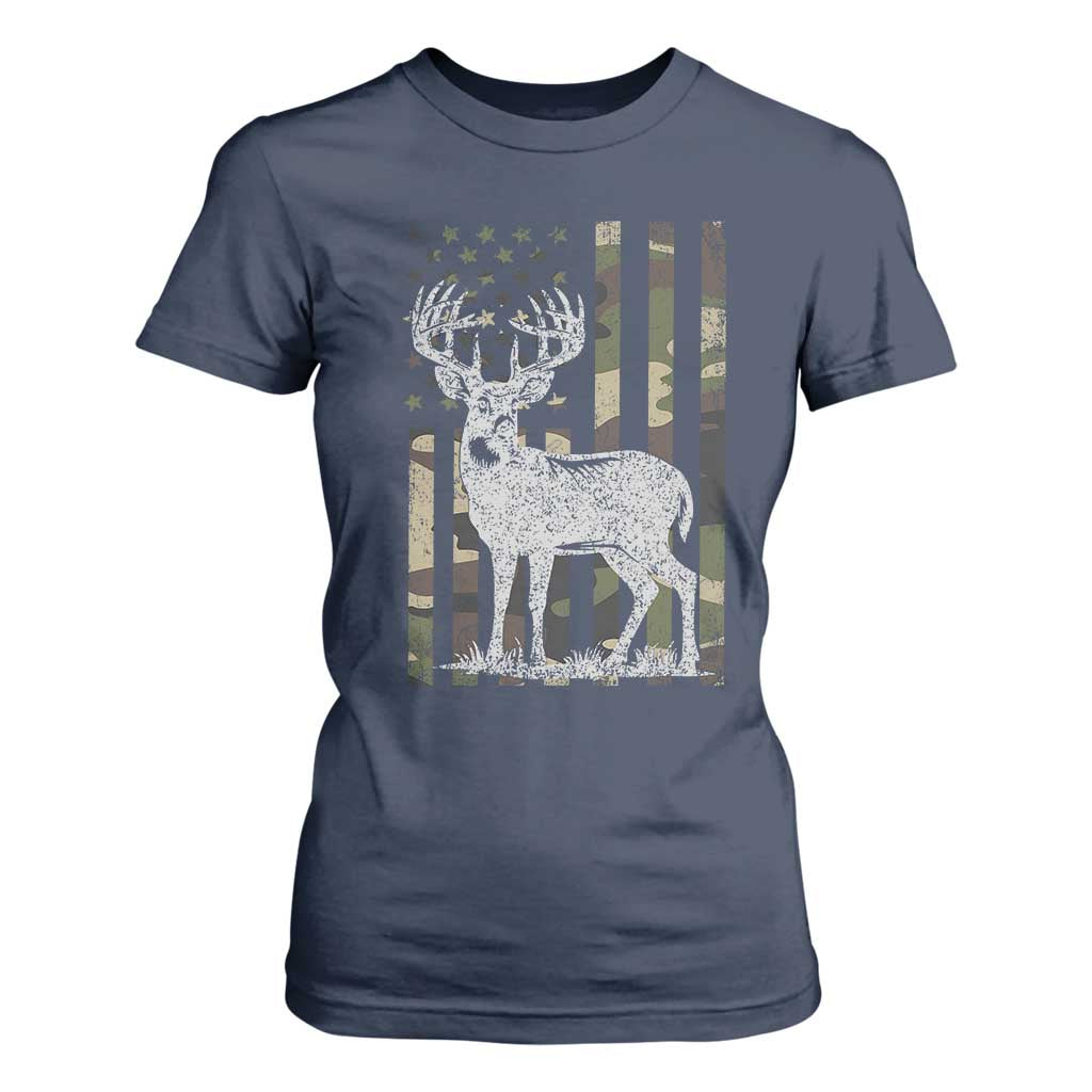 Deer Hunting American Camouflage Flag T Shirt For Women TS10 Navy Print Your Wear