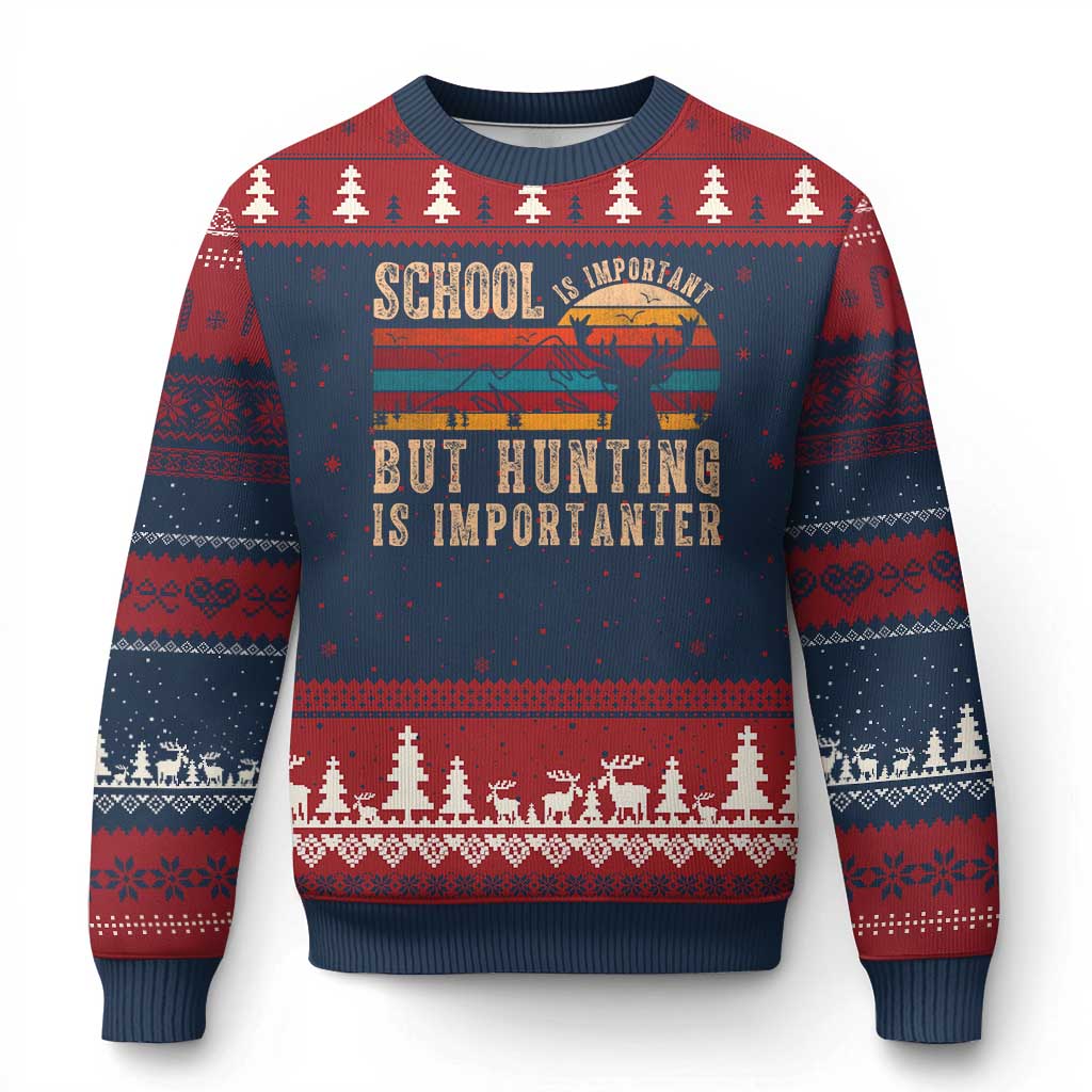 School Is Important But Hunting Is Importanter Ugly Christmas Sweater Retro Deer Hunting Boy - Print Your Wear
