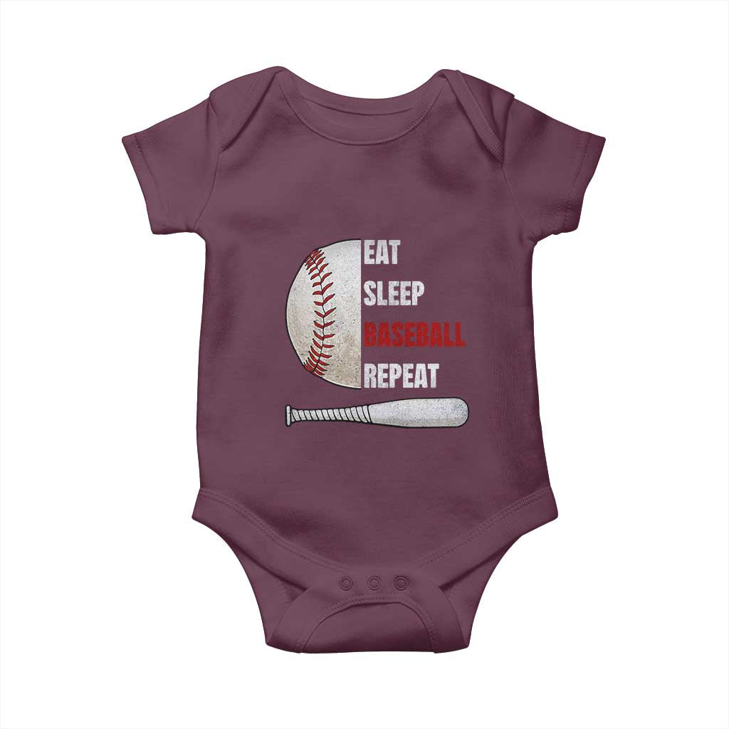 Baseball Player Baby Onesie Retro Funny Eat Sleep Baseball Repeat TS10 Maroon Print Your Wear