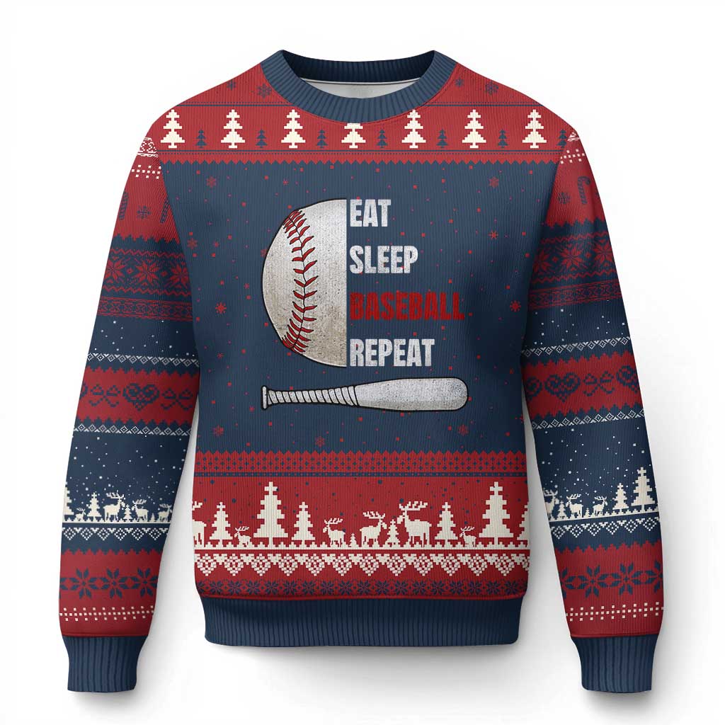 Baseball Player Ugly Christmas Sweater Retro Funny Eat Sleep Baseball Repeat TS10 Navy Red Print Your Wear