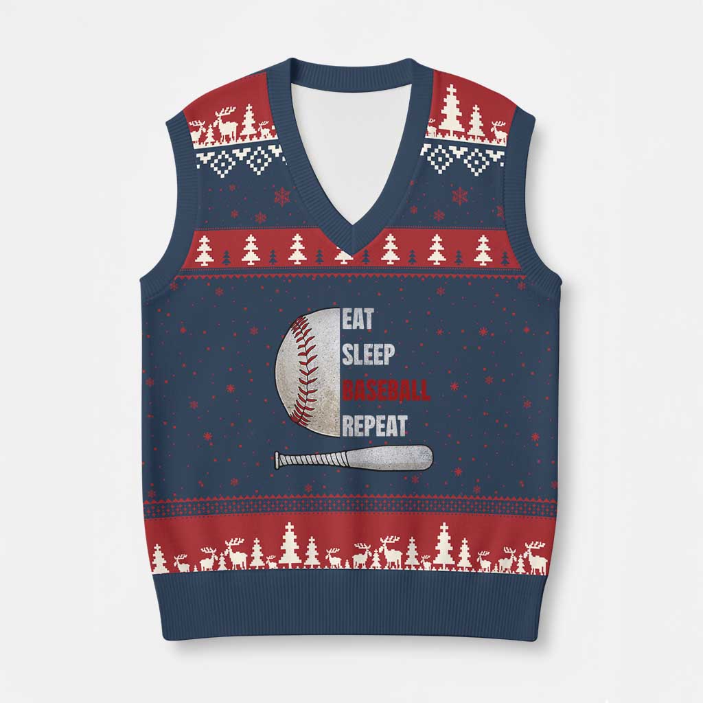Baseball Player V-Neck Knit Sweater Vest Retro Funny Eat Sleep Baseball Repeat TS10 Navy Red Print Your Wear