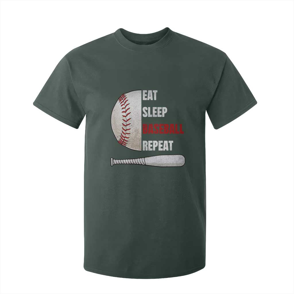 Baseball Player T Shirt For Kid Retro Funny Eat Sleep Baseball Repeat TS10 Dark Forest Green Print Your Wear