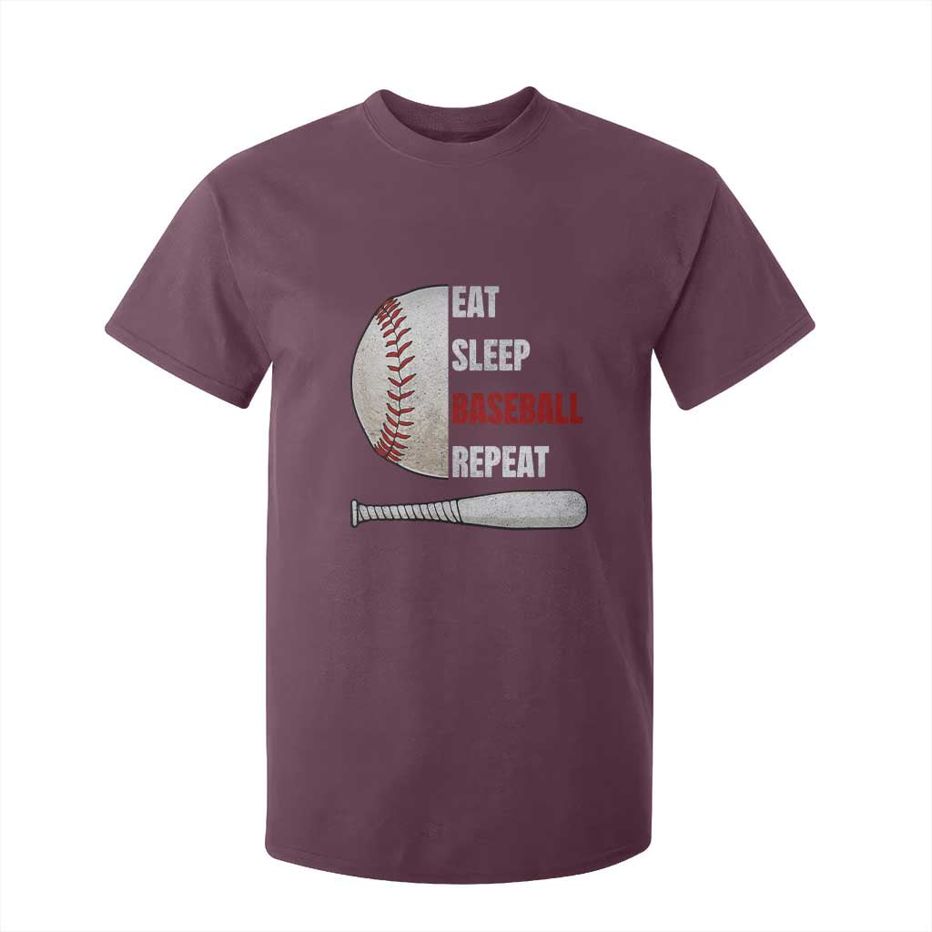 Baseball Player T Shirt For Kid Retro Funny Eat Sleep Baseball Repeat TS10 Maroon Print Your Wear