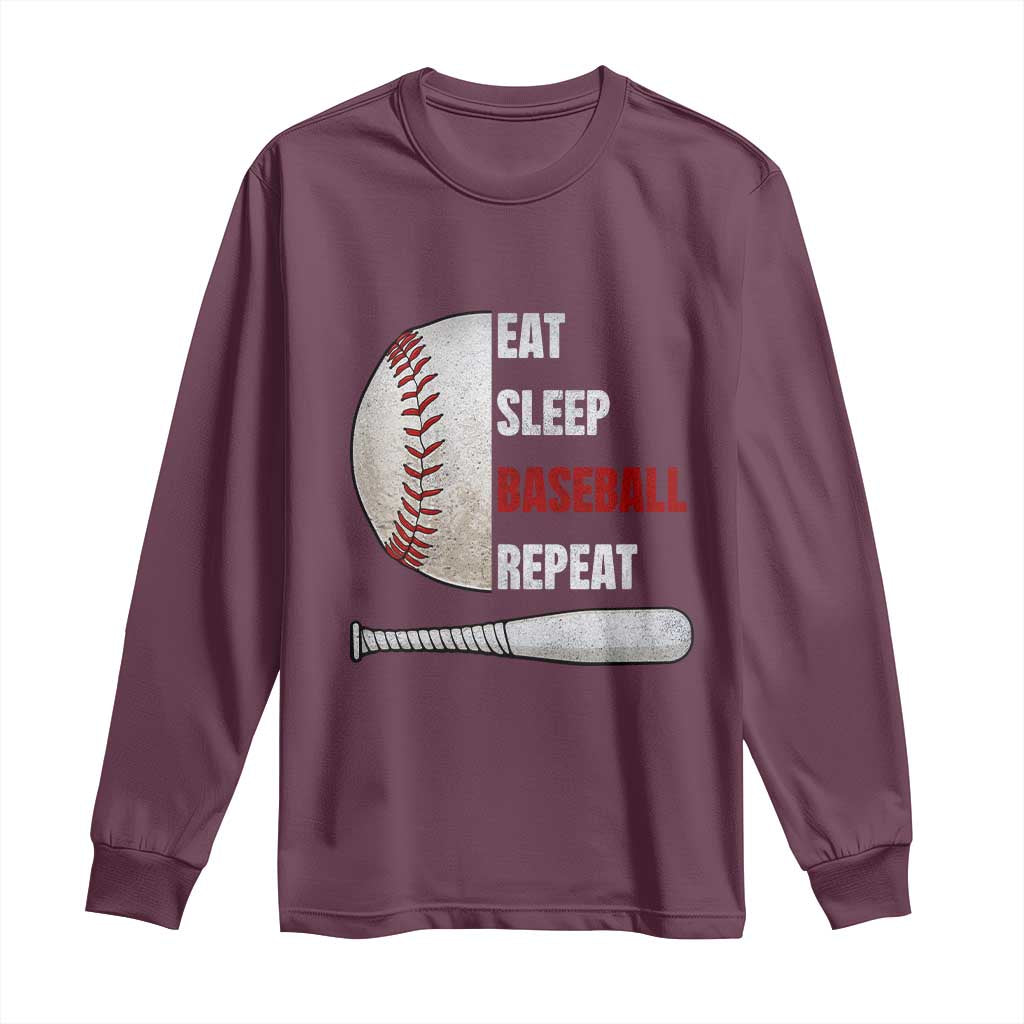Baseball Player Long Sleeve Shirt Retro Funny Eat Sleep Baseball Repeat TS10 Maroon Print Your Wear