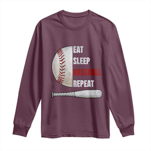 Baseball Player Long Sleeve Shirt Retro Funny Eat Sleep Baseball Repeat TS10 Maroon Print Your Wear