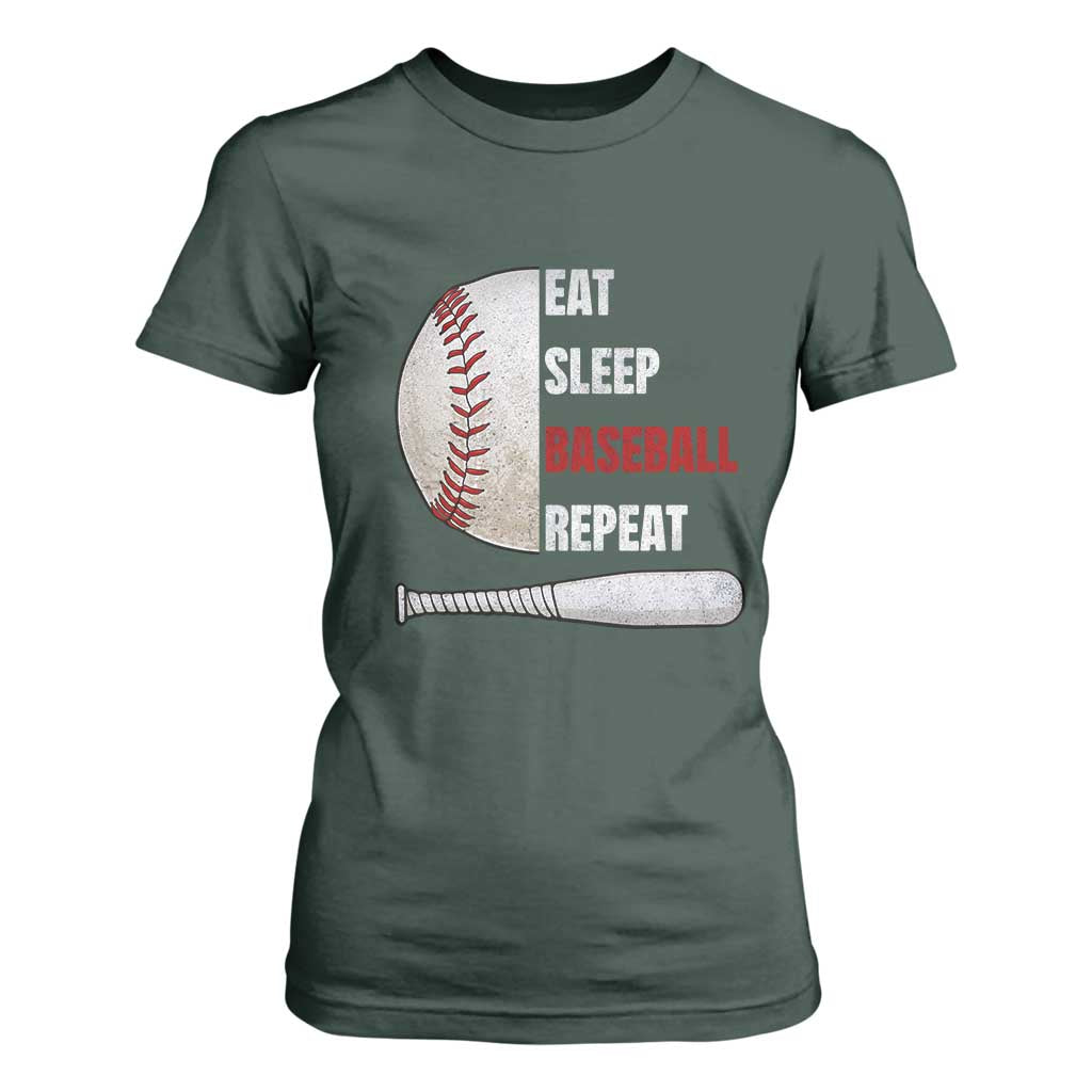 Baseball Player T Shirt For Women Retro Funny Eat Sleep Baseball Repeat TS10 Dark Forest Green Print Your Wear