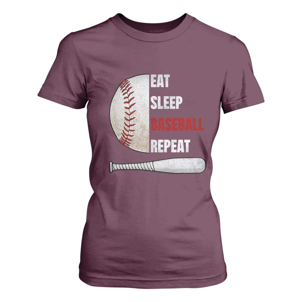 Baseball Player T Shirt For Women Retro Funny Eat Sleep Baseball Repeat TS10 Maroon Print Your Wear