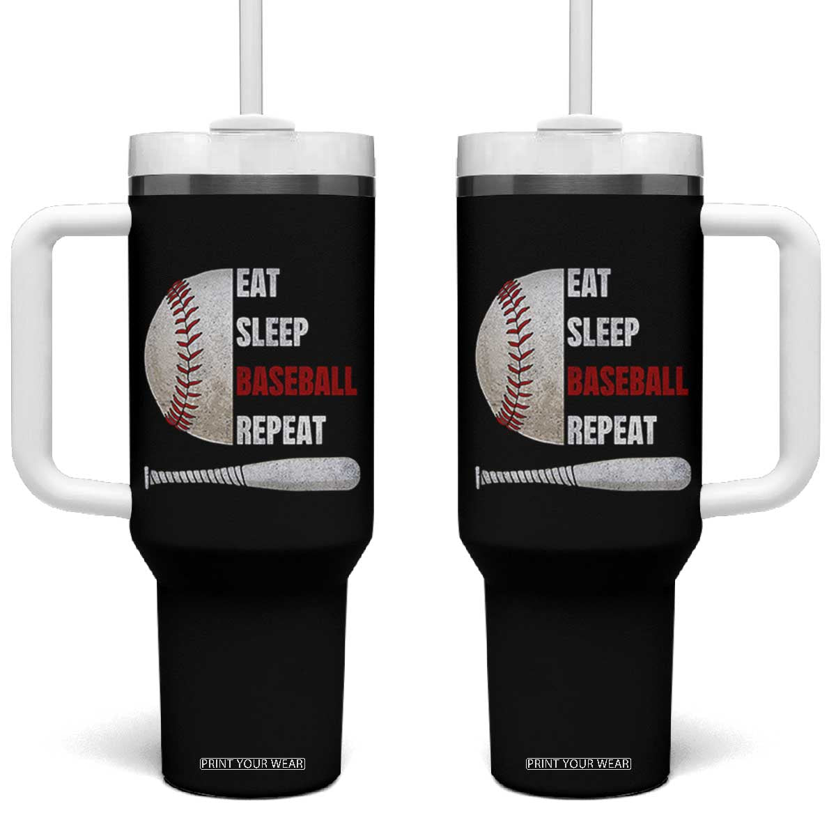 Baseball Player Tumbler With Handle Retro Funny Eat Sleep Baseball Repeat TS10 One Size: 40 oz Black Print Your Wear