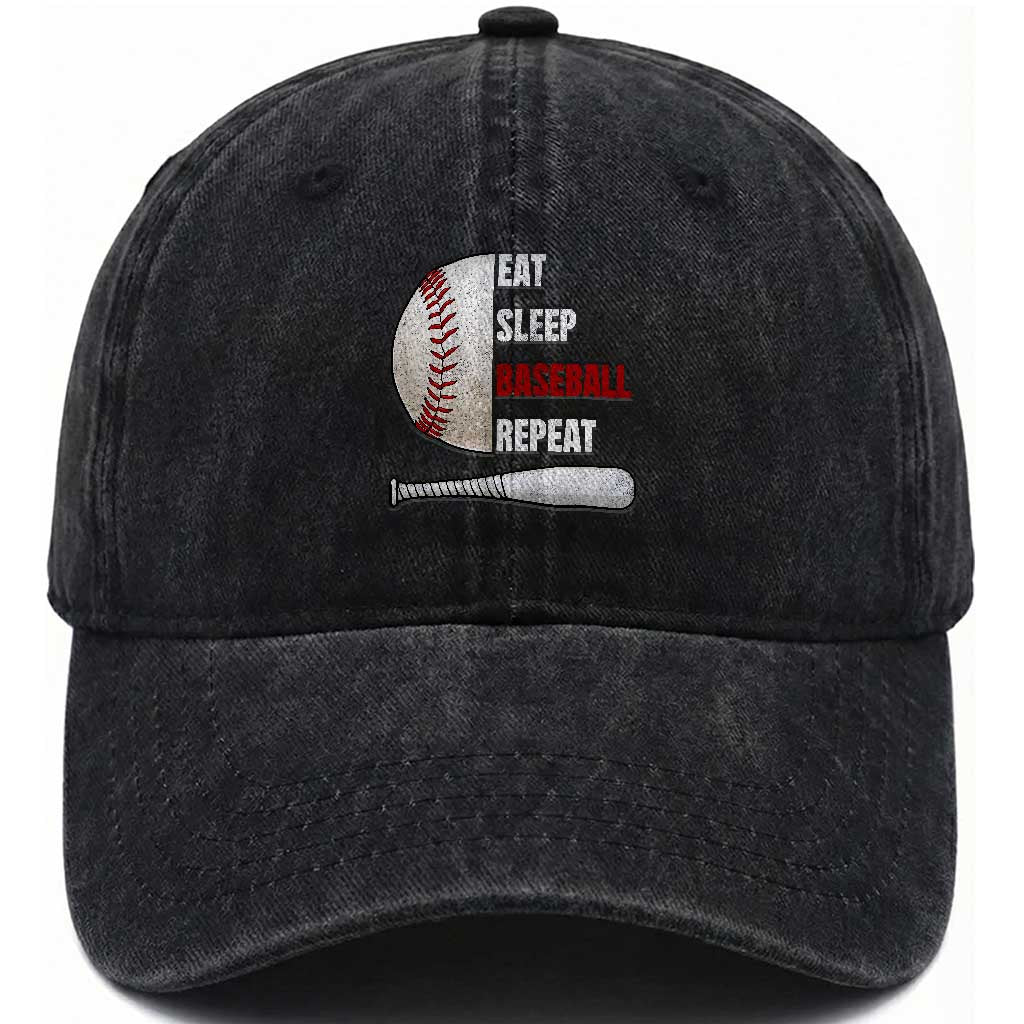 Baseball Player Washed Cotton Baseball Cap Retro Funny Eat Sleep Baseball Repeat TS10 Print Your Wear