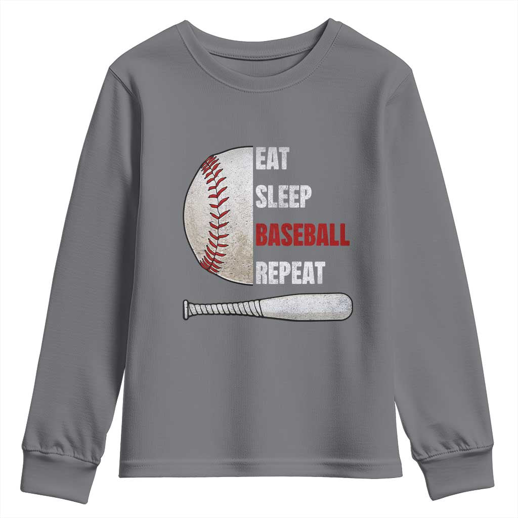 Baseball Player Youth Sweatshirt Retro Funny Eat Sleep Baseball Repeat TS10 Charcoal Print Your Wear