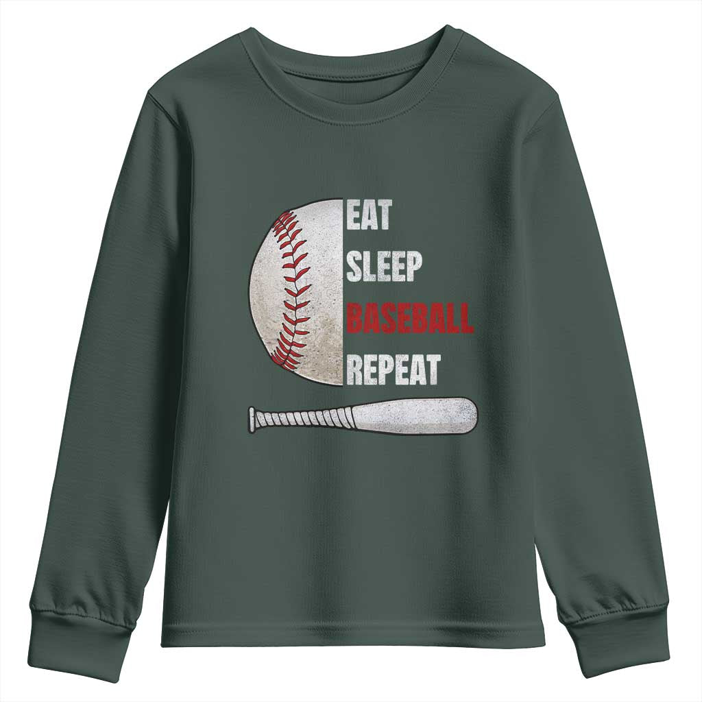 Baseball Player Youth Sweatshirt Retro Funny Eat Sleep Baseball Repeat TS10 Dark Forest Green Print Your Wear