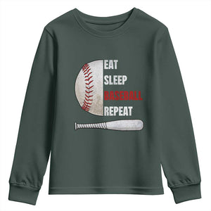 Baseball Player Youth Sweatshirt Retro Funny Eat Sleep Baseball Repeat TS10 Dark Forest Green Print Your Wear