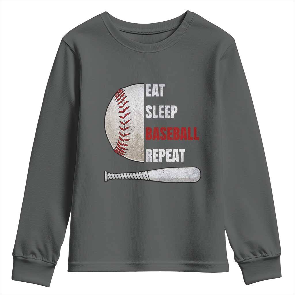 Baseball Player Youth Sweatshirt Retro Funny Eat Sleep Baseball Repeat TS10 Dark Heather Print Your Wear