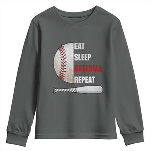 Baseball Player Youth Sweatshirt Retro Funny Eat Sleep Baseball Repeat TS10 Dark Heather Print Your Wear