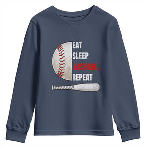 Baseball Player Youth Sweatshirt Retro Funny Eat Sleep Baseball Repeat TS10 Navy Print Your Wear