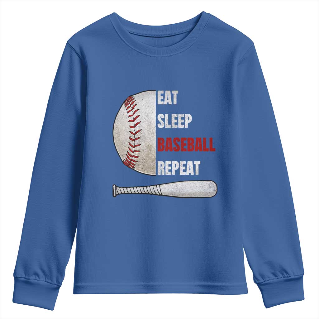 Baseball Player Youth Sweatshirt Retro Funny Eat Sleep Baseball Repeat TS10 Royal Blue Print Your Wear