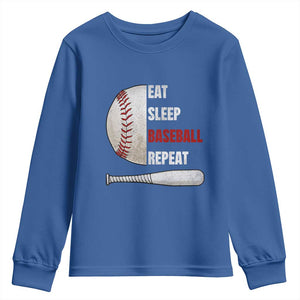 Baseball Player Youth Sweatshirt Retro Funny Eat Sleep Baseball Repeat TS10 Royal Blue Print Your Wear
