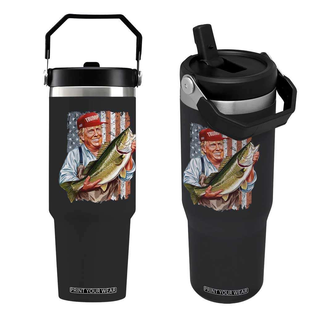 Patriotic Fisherman Flip Straw Tumbler American Flag Bass Fish Fisherman Trump TS10 One Size: 30 oz Black Print Your Wear