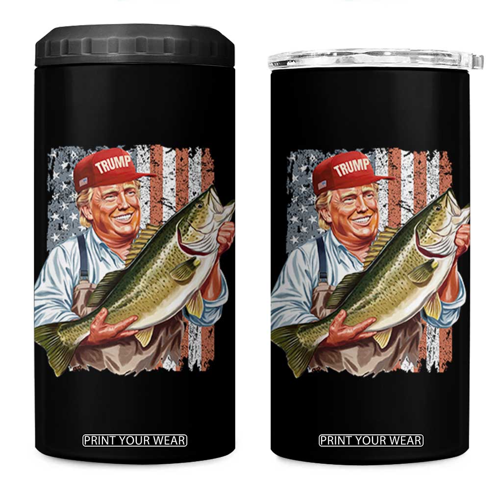 Patriotic Fisherman 4 in 1 Can Cooler Tumbler American Flag Bass Fish Fisherman Trump TS10 One Size: 16 oz Black Print Your Wear