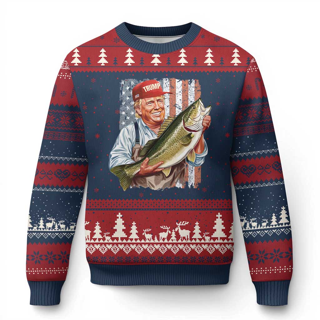 Patriotic Fisherman Ugly Christmas Sweater American Flag Bass Fish Fisherman Trump TS10 Navy Red Print Your Wear
