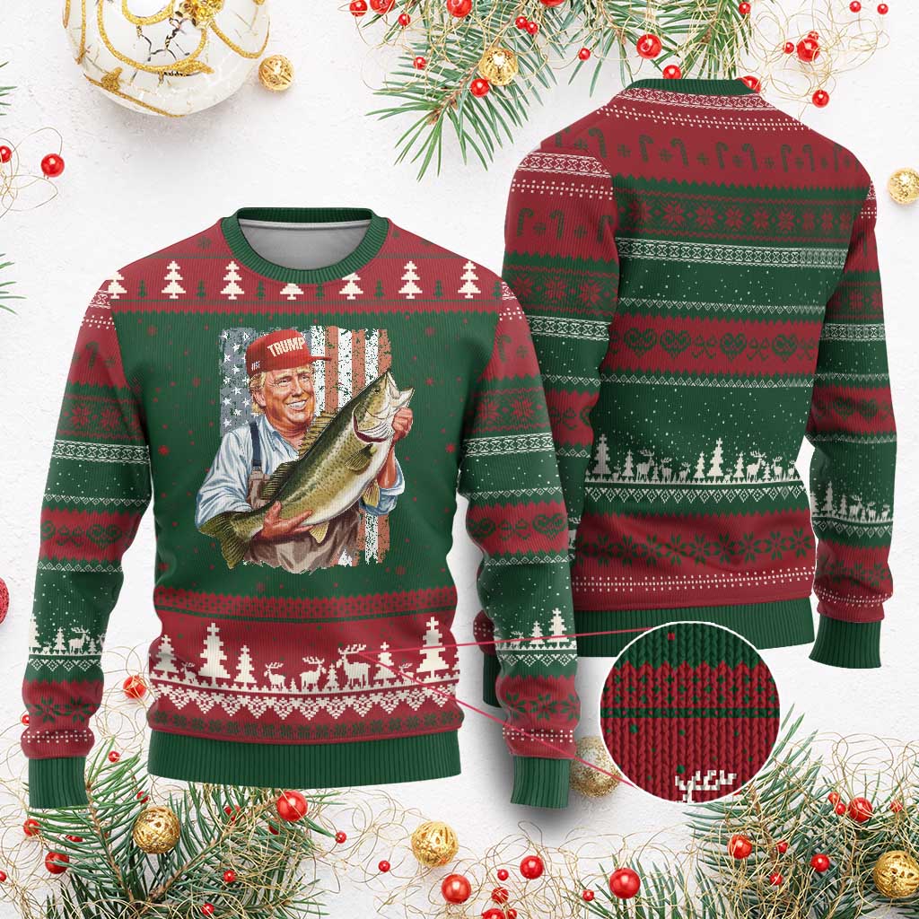 Patriotic Fisherman Ugly Christmas Sweater American Flag Bass Fish Fisherman Trump TS10 Red Green Print Your Wear