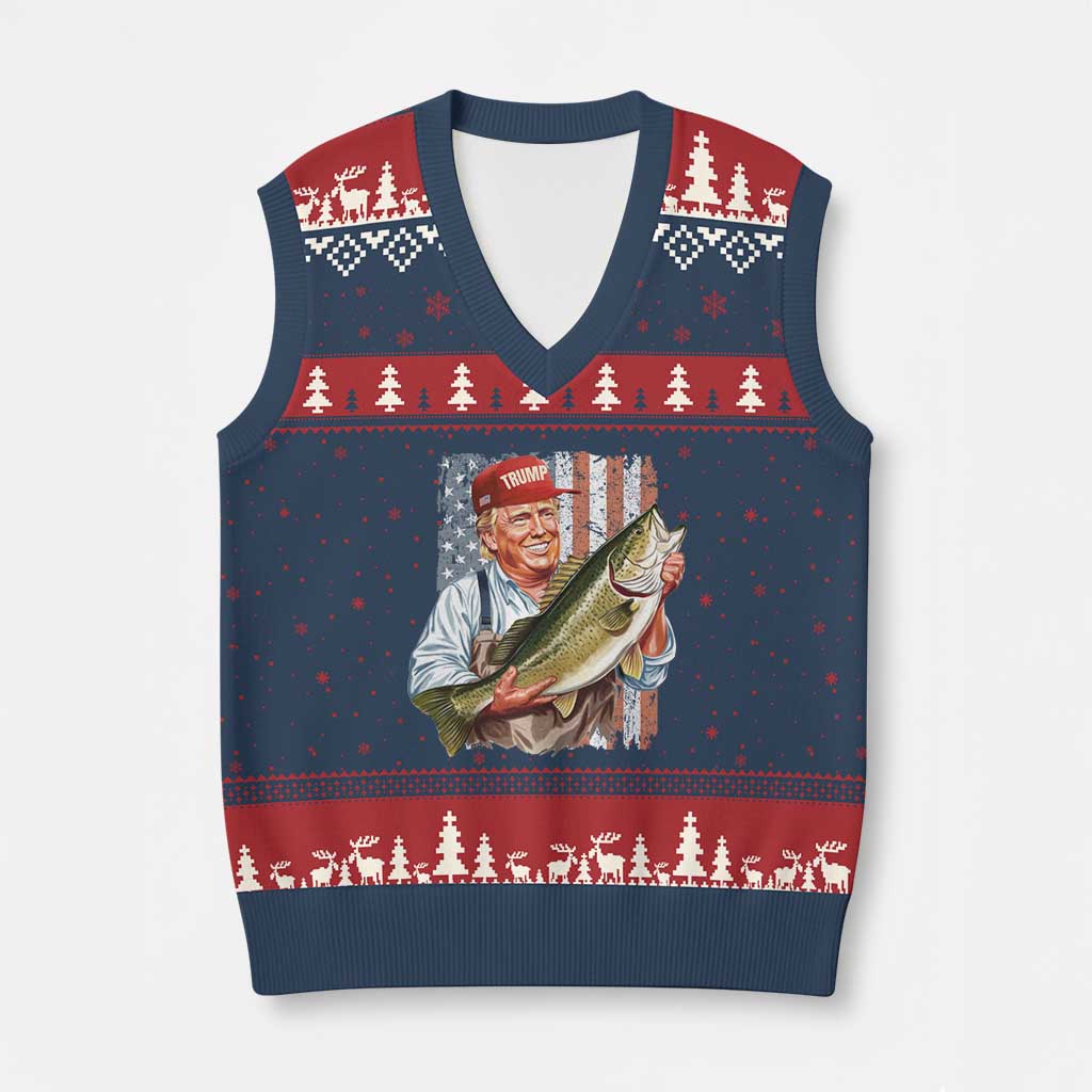 Patriotic Fisherman V-Neck Knit Sweater Vest American Flag Bass Fish Fisherman Trump TS10 Navy Red Print Your Wear