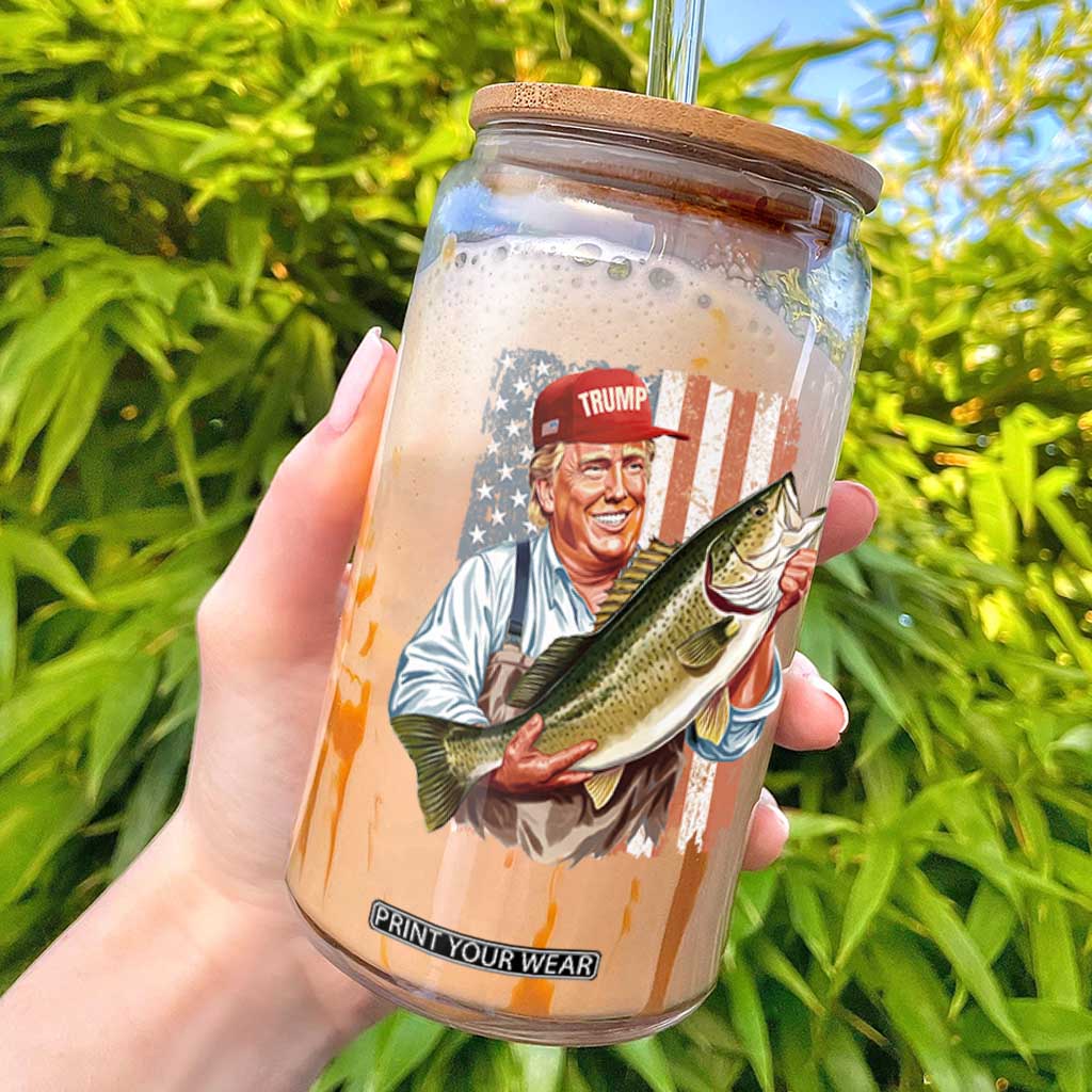 Patriotic Fisherman Glass Can American Flag Bass Fish Fisherman Trump TS10 Black Print Your Wear