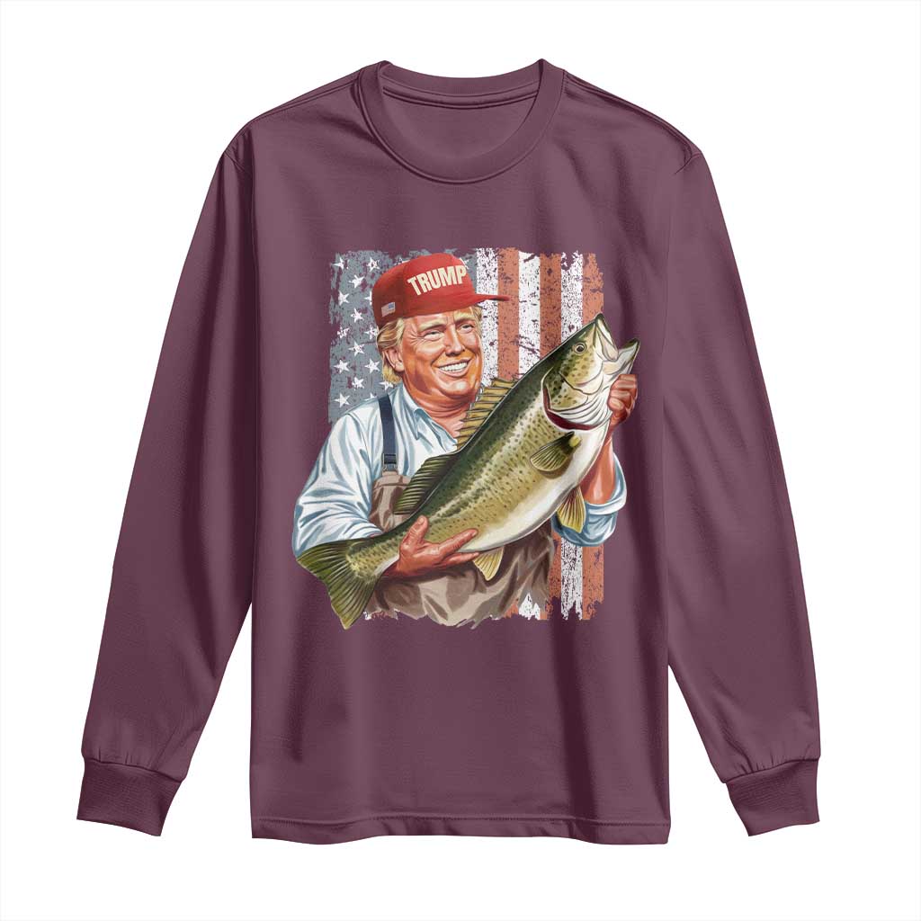 Patriotic Fisherman Long Sleeve Shirt American Flag Bass Fish Fisherman Trump TS10 Maroon Print Your Wear
