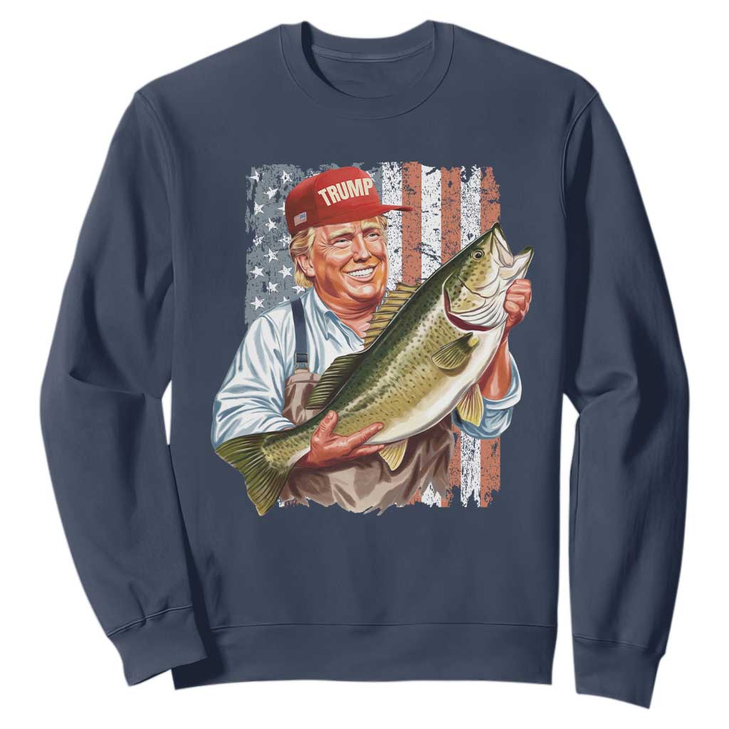 Patriotic Fisherman Sweatshirt American Flag Bass Fish Fisherman Trump TS10 Navy Print Your Wear