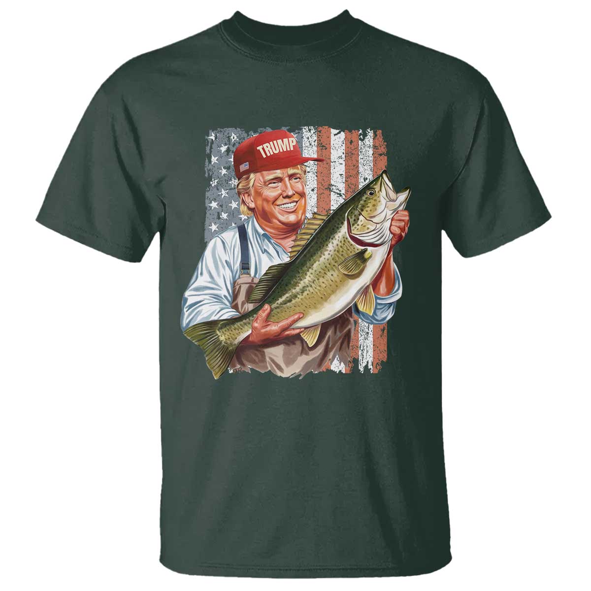 Patriotic Fisherman T Shirt American Flag Bass Fish Fisherman Trump TS10 Dark Forest Green Print Your Wear