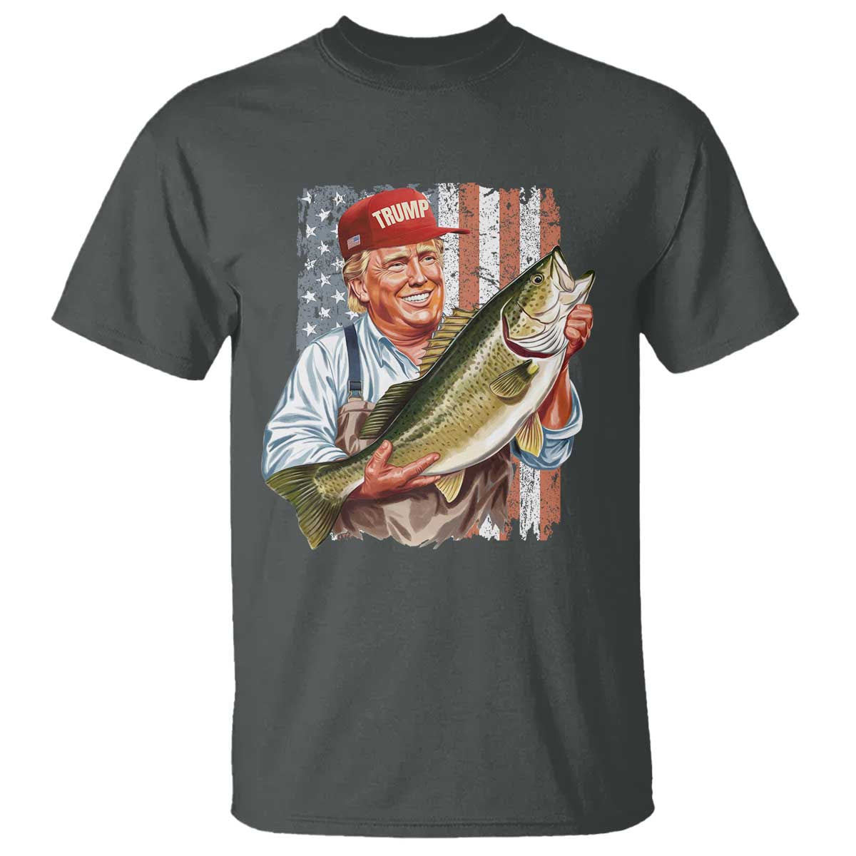 Patriotic Fisherman T Shirt American Flag Bass Fish Fisherman Trump TS10 Dark Heather Print Your Wear