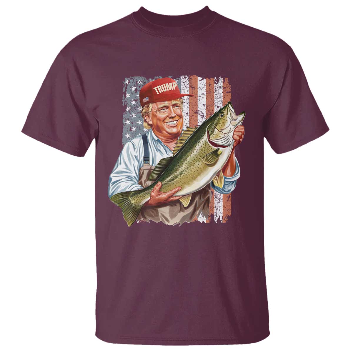 Patriotic Fisherman T Shirt American Flag Bass Fish Fisherman Trump TS10 Maroon Print Your Wear