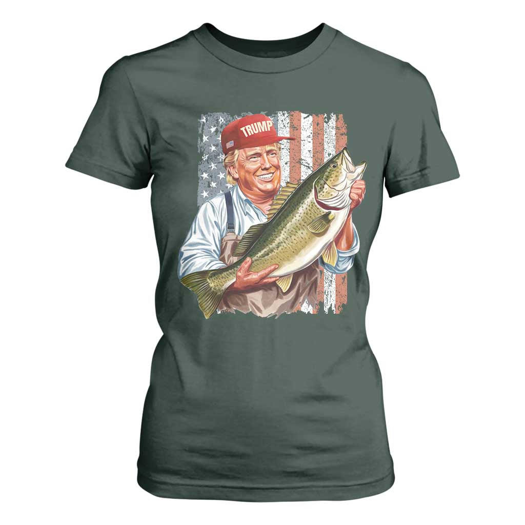 Patriotic Fisherman T Shirt For Women American Flag Bass Fish Fisherman Trump TS10 Dark Forest Green Print Your Wear