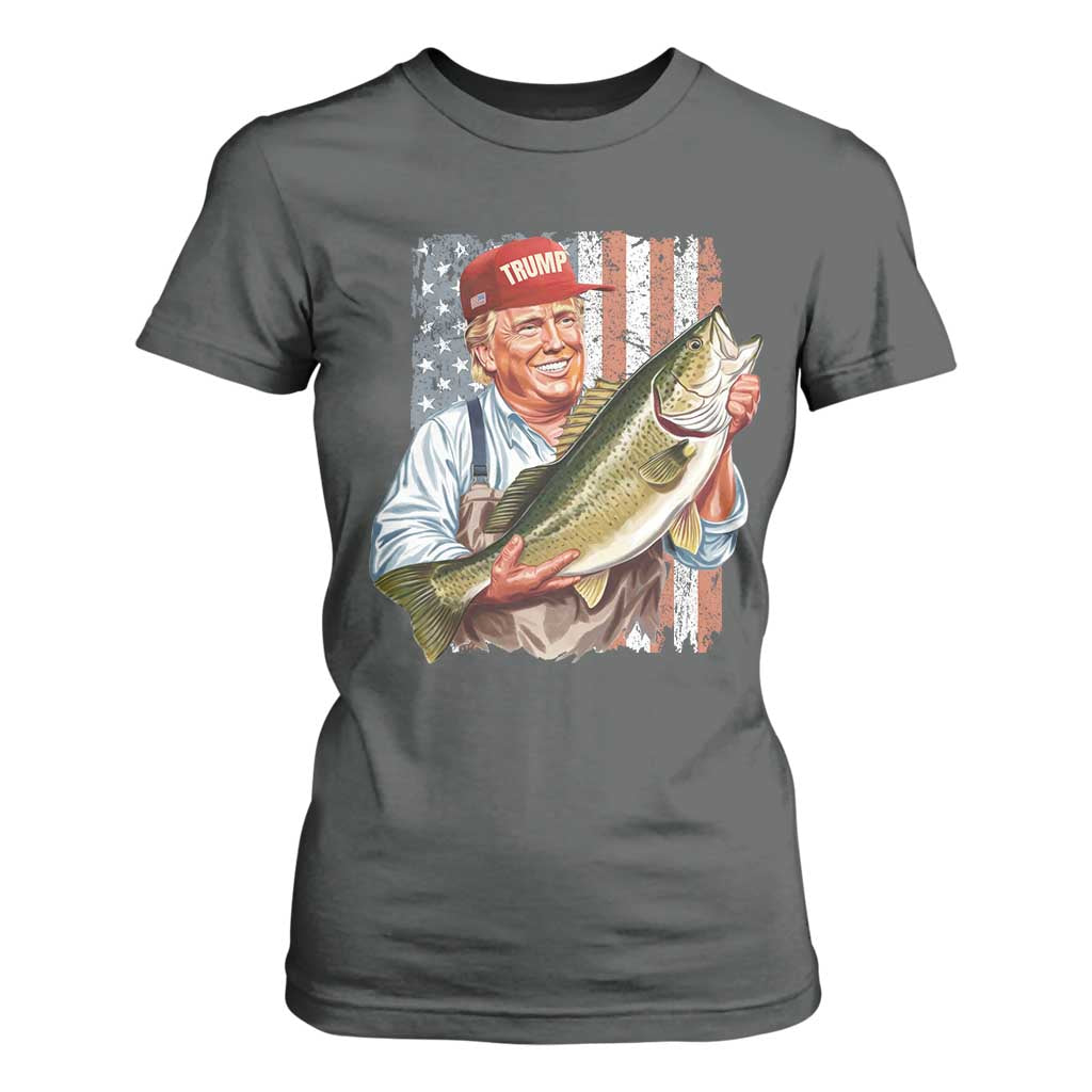Patriotic Fisherman T Shirt For Women American Flag Bass Fish Fisherman Trump TS10 Dark Heather Print Your Wear