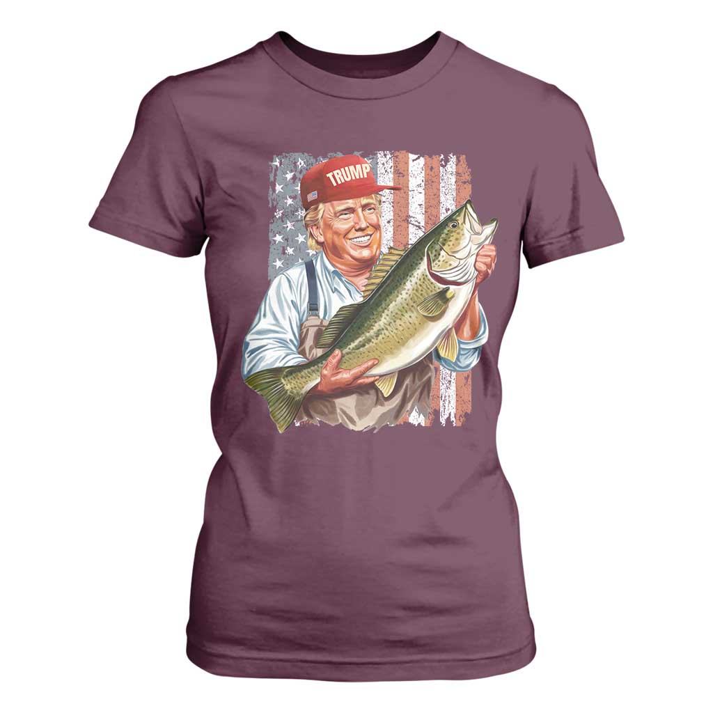 Patriotic Fisherman T Shirt For Women American Flag Bass Fish Fisherman Trump TS10 Maroon Print Your Wear