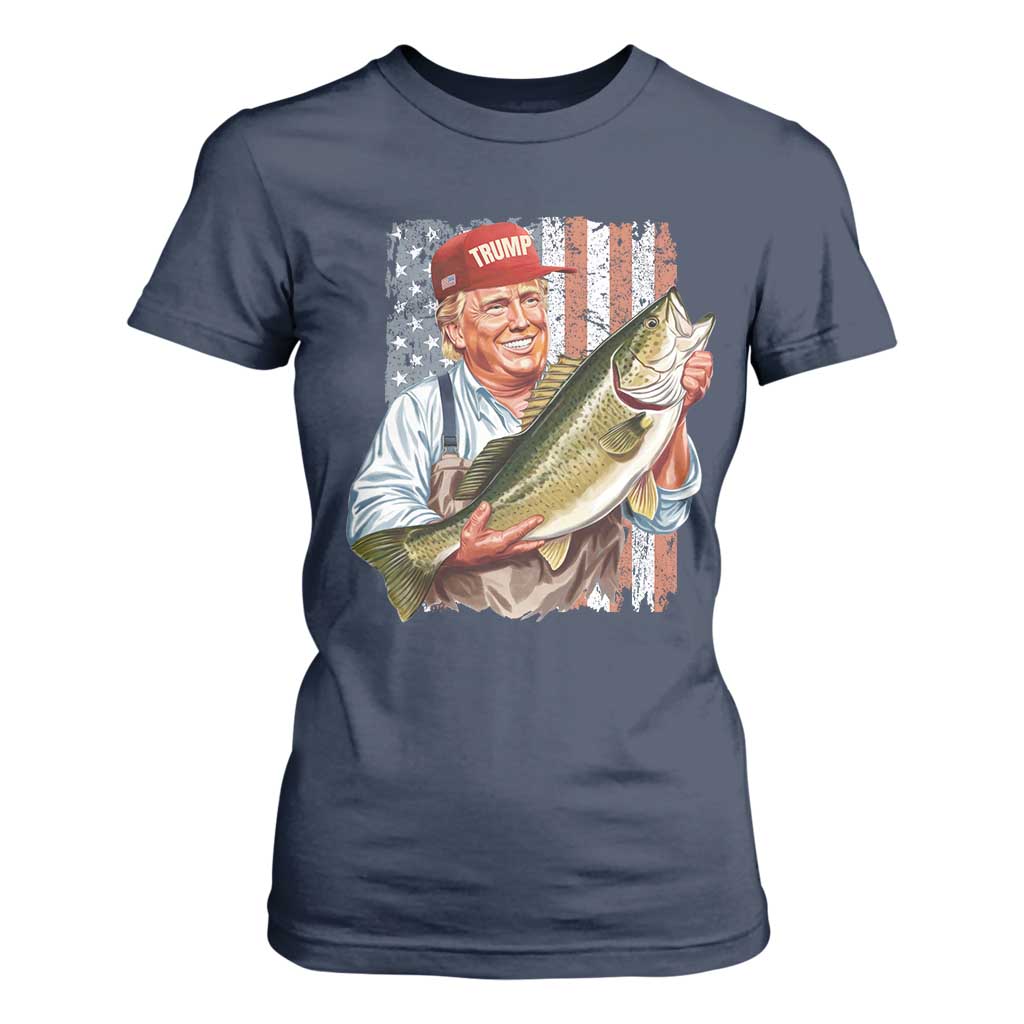 Patriotic Fisherman T Shirt For Women American Flag Bass Fish Fisherman Trump TS10 Navy Print Your Wear
