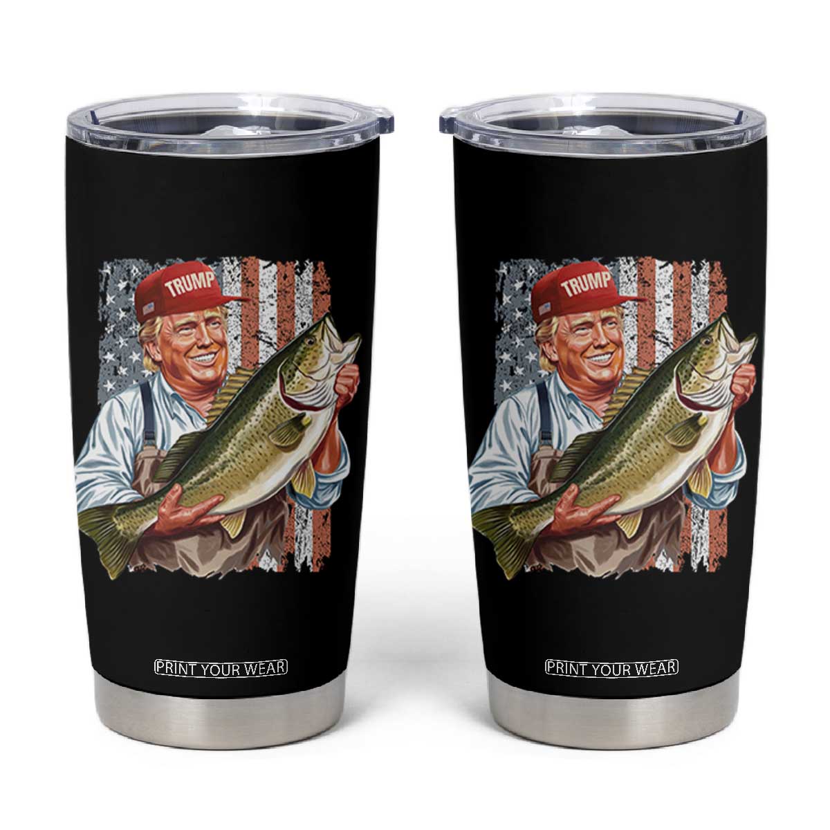 Patriotic Fisherman Tumbler Cup American Flag Bass Fish Fisherman Trump TS10 Black Print Your Wear