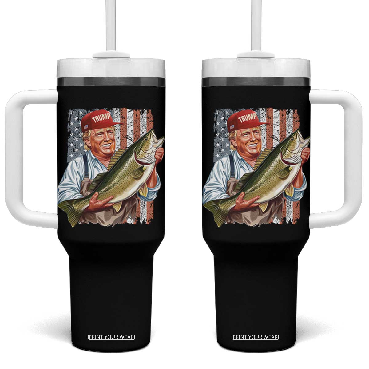 Patriotic Fisherman Tumbler With Handle American Flag Bass Fish Fisherman Trump TS10 One Size: 40 oz Black Print Your Wear